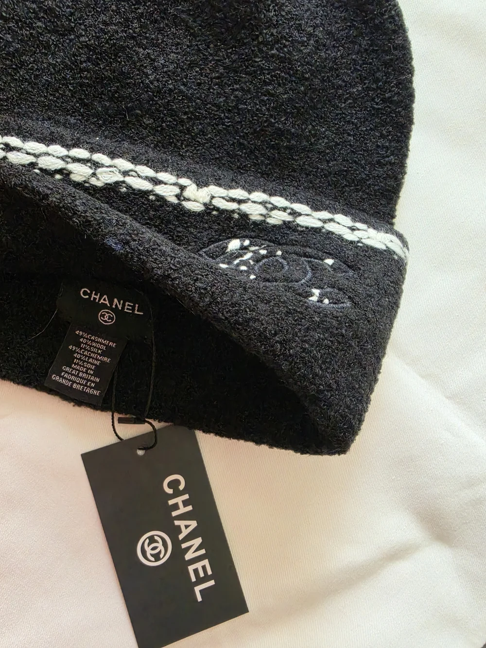 Black Knit Beanie with Cream Braided Trim and Patch